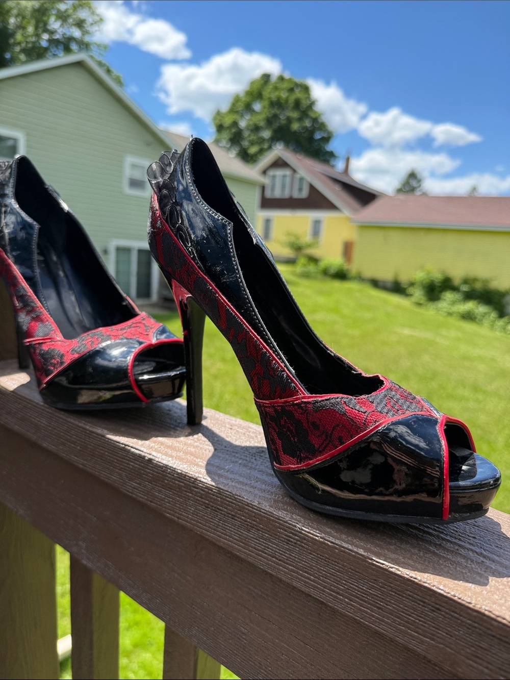 Ellie Black Patent and Red Lace Peep-Toe Stiletto Pumps